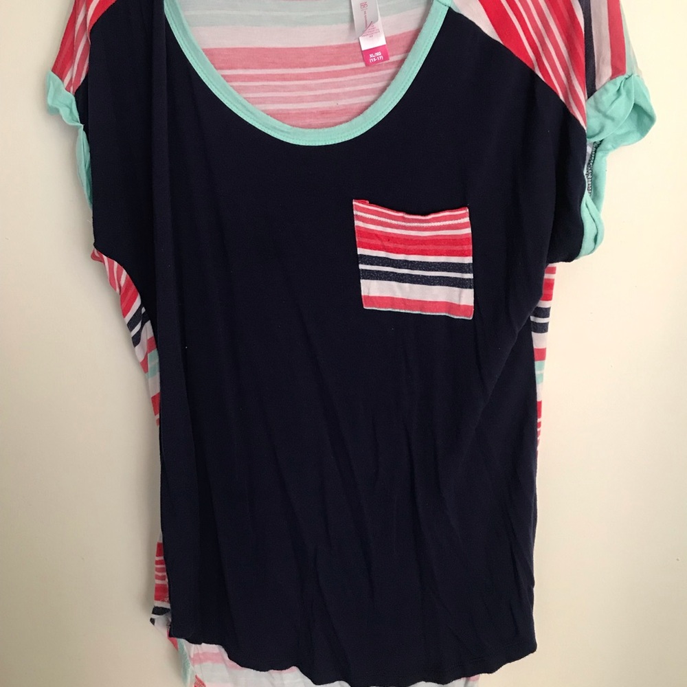 Navy front, striped back shirt